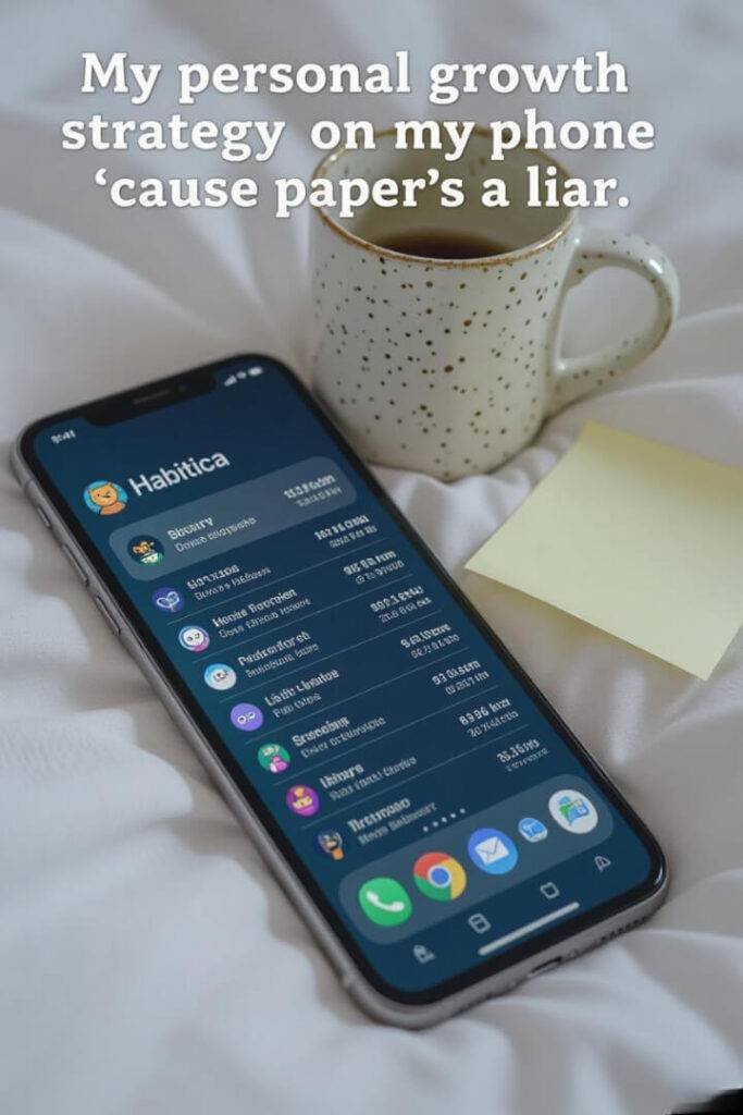 Tilted phone showing Habitica app with chipped mug and crumpled sticky note,