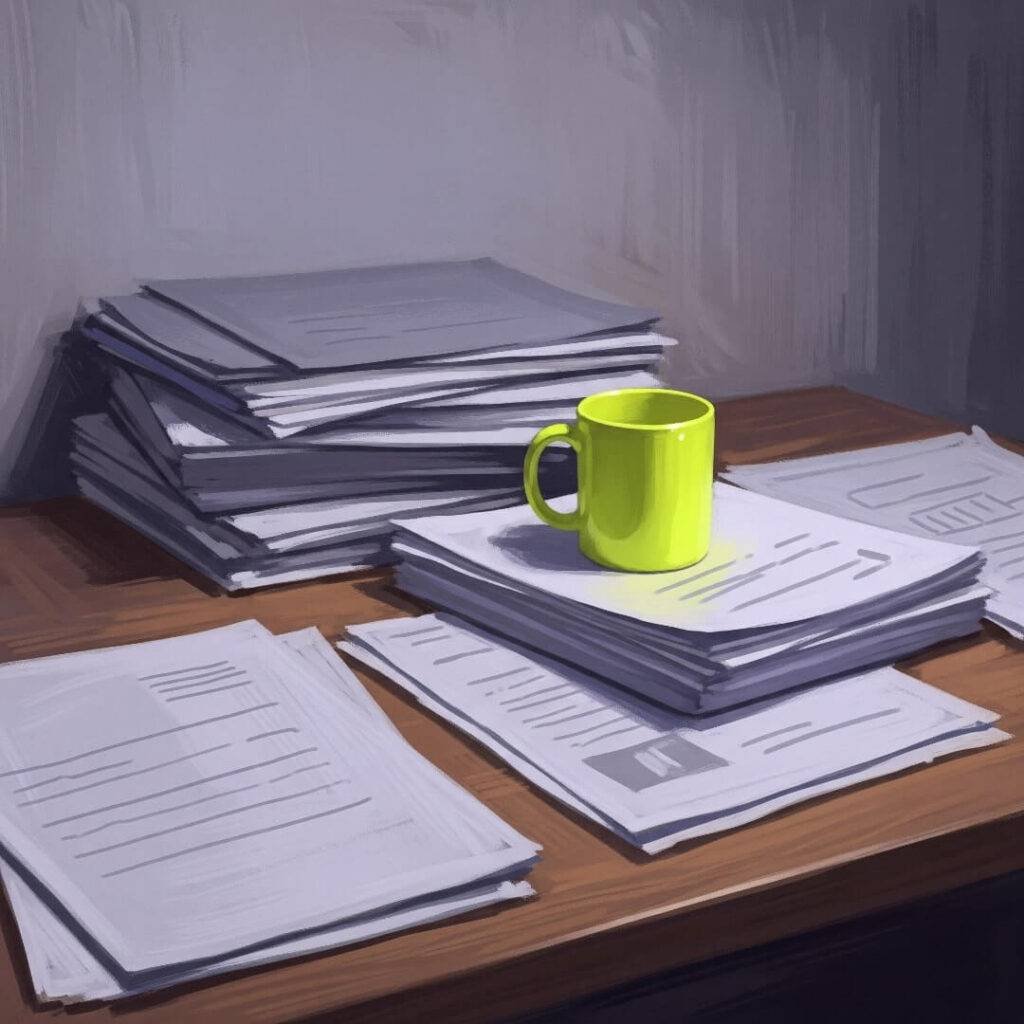 An impressionistic digital painting of a messy desk with a stack