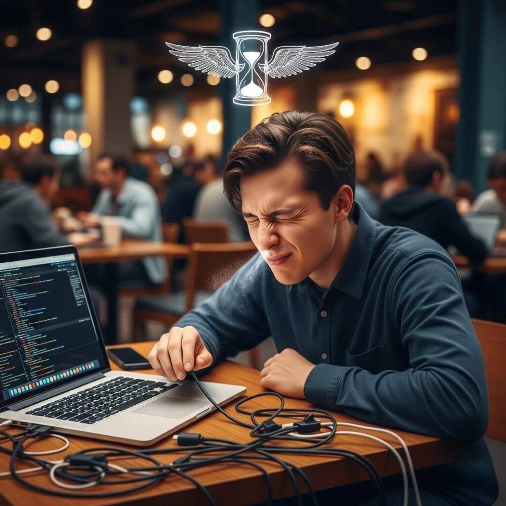 A blurry image of a person mid-sneeze in a crowded coffee shop,