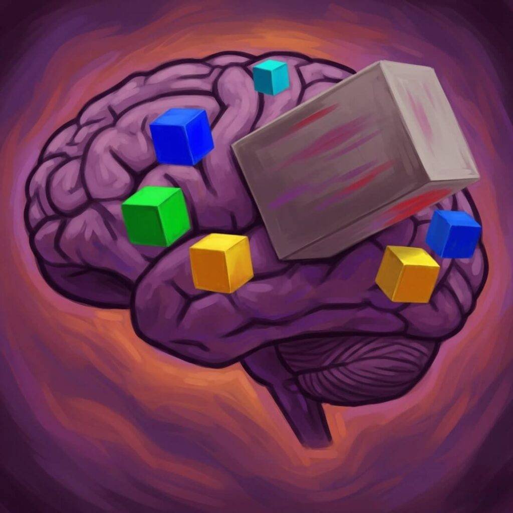 Digital illustration of a brain with colorful time blocks, one oversized.