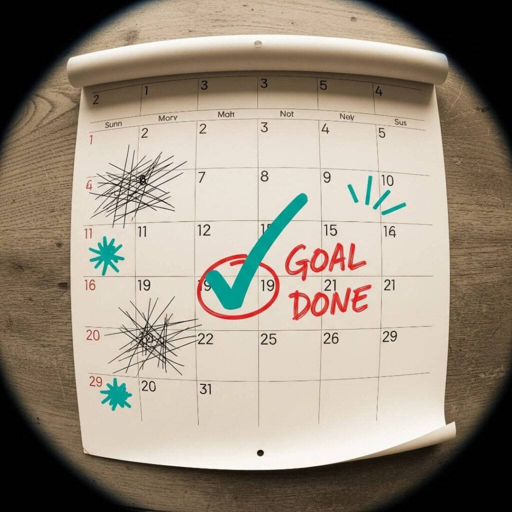 A vintage, sepia-toned calendar with dates scratched out and a teal checkmark on a "Goal Done" day.