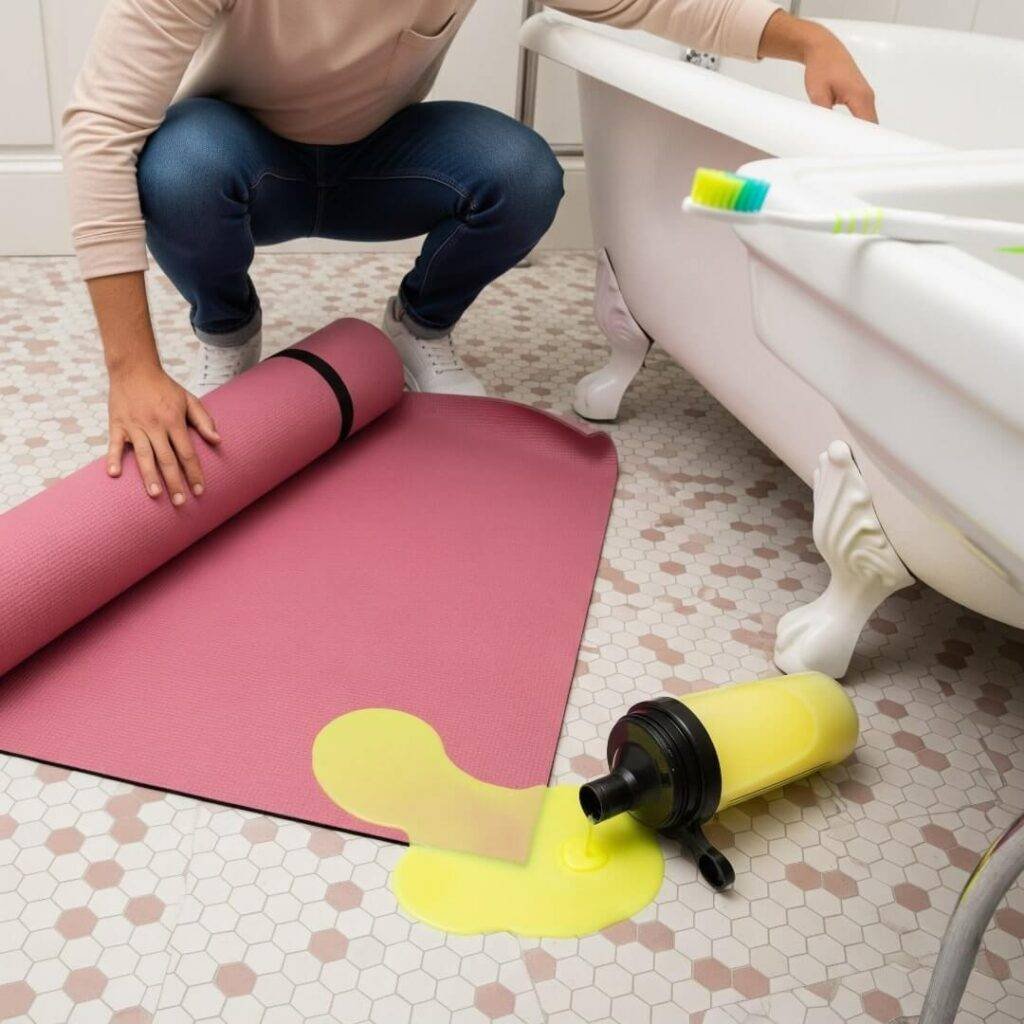 A low-angle, tilted image of a chaotic bathroom floor with a half-unrolled pink yoga mat