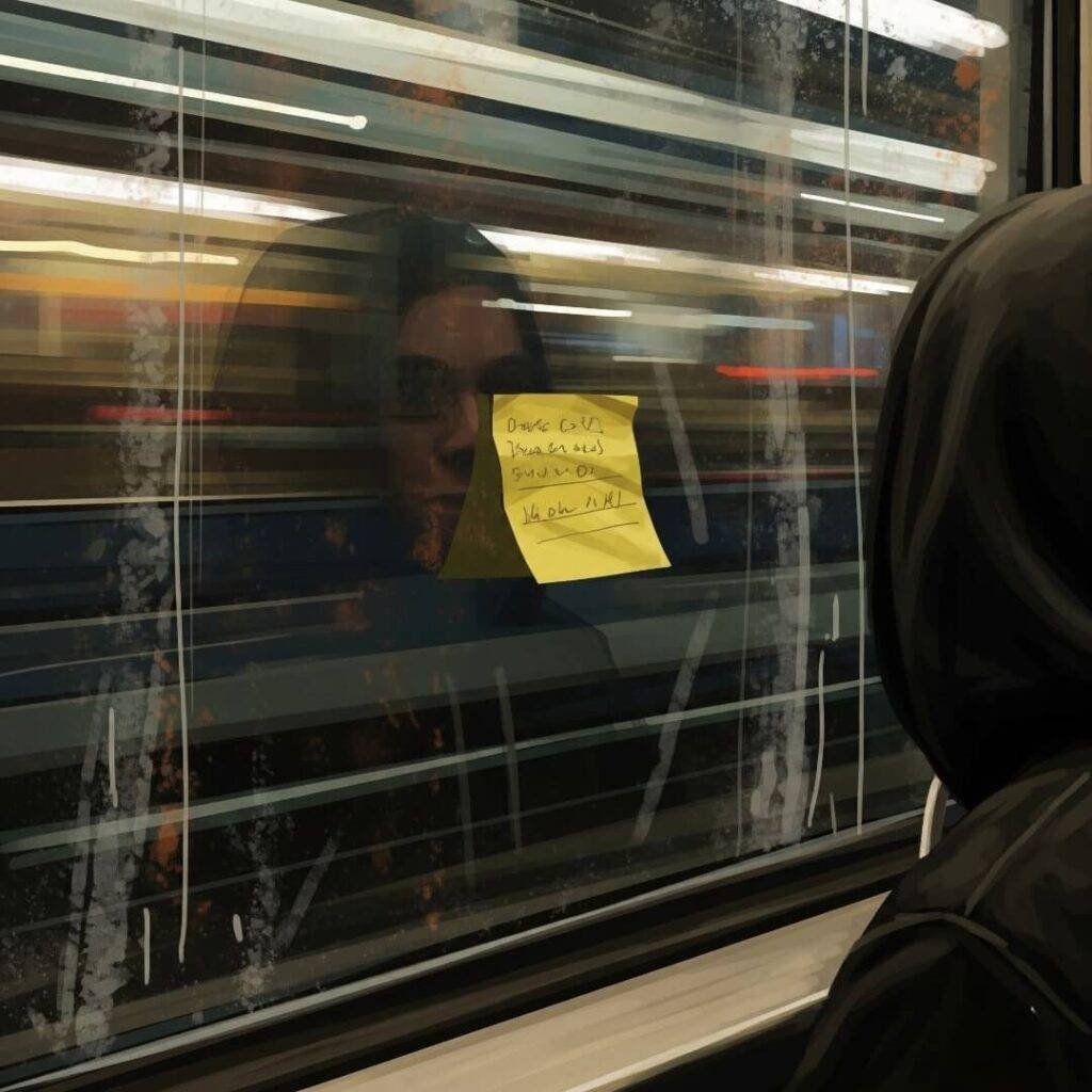A person's reflection in a grimy subway window, with a crumpled Post-it note on their hoodie.