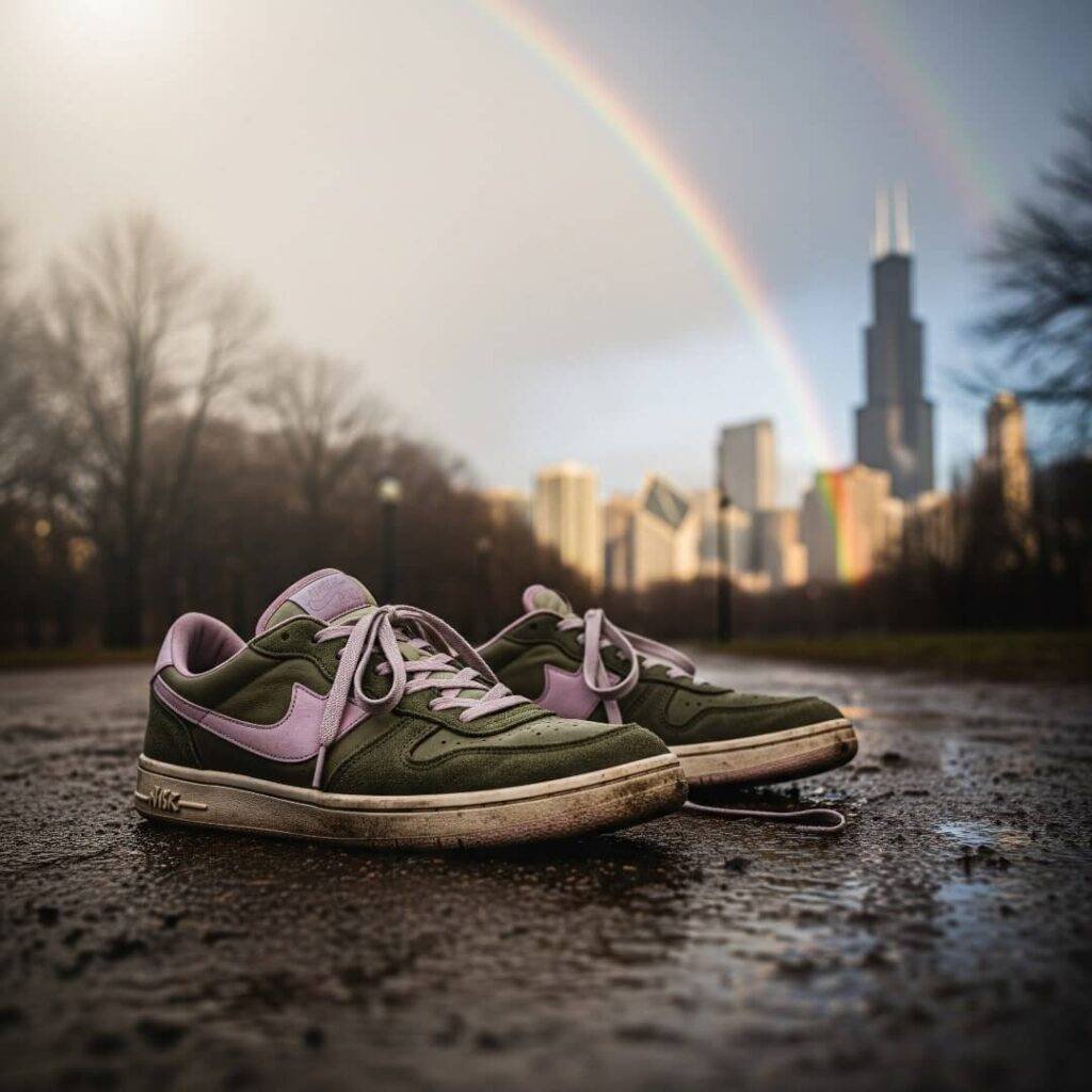 A pair of scuffed sneakers on a wet trail,