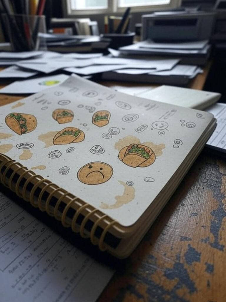 Beat-up notebook, coffee stains, taco doodles, cluttered desk.