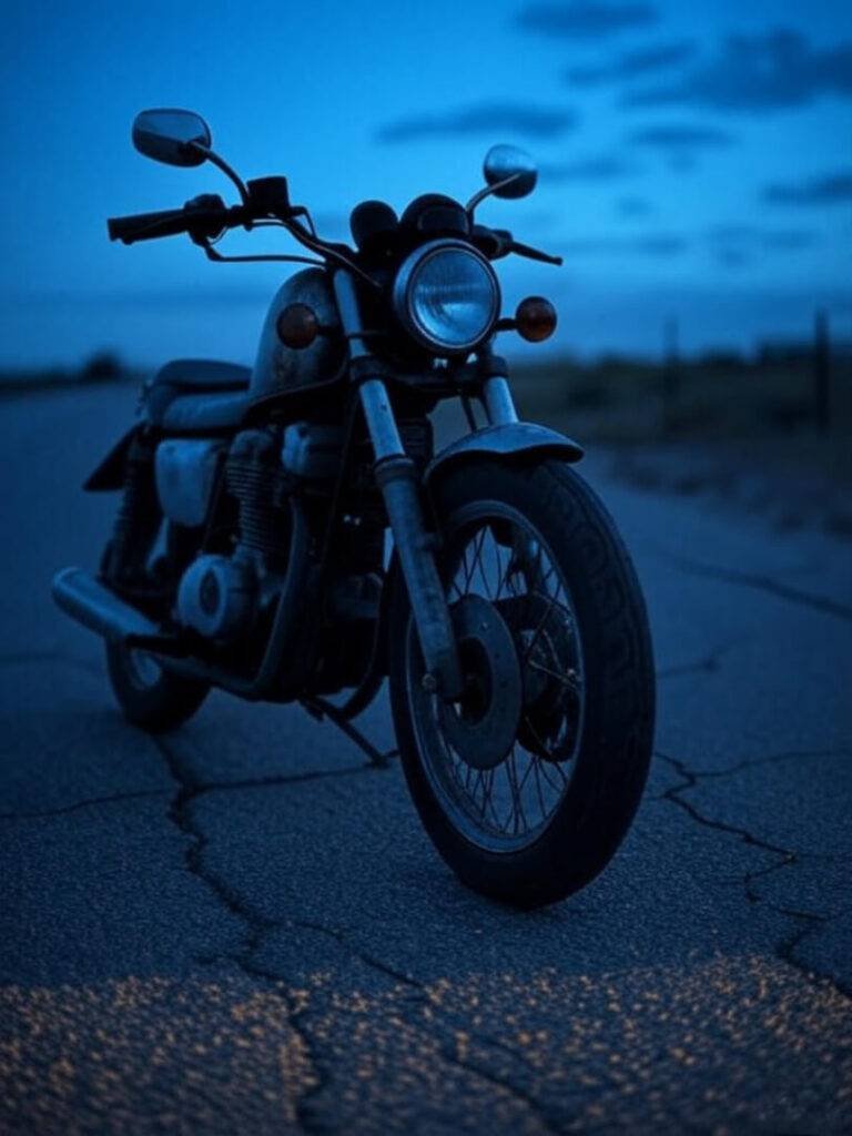 Lone motorcycle on cracked road, electric blue twilight sky.