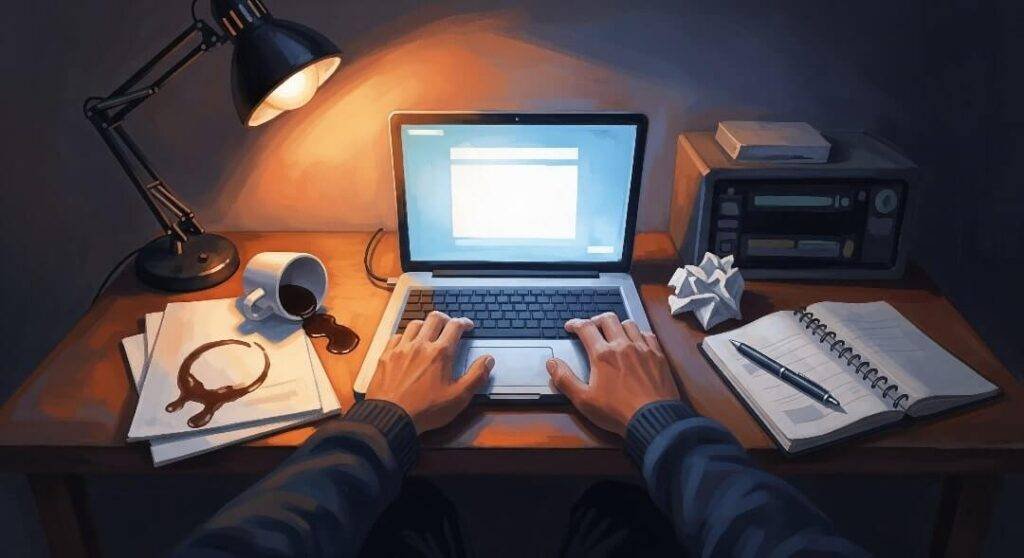 Messy desk, laptop, spilled coffee.