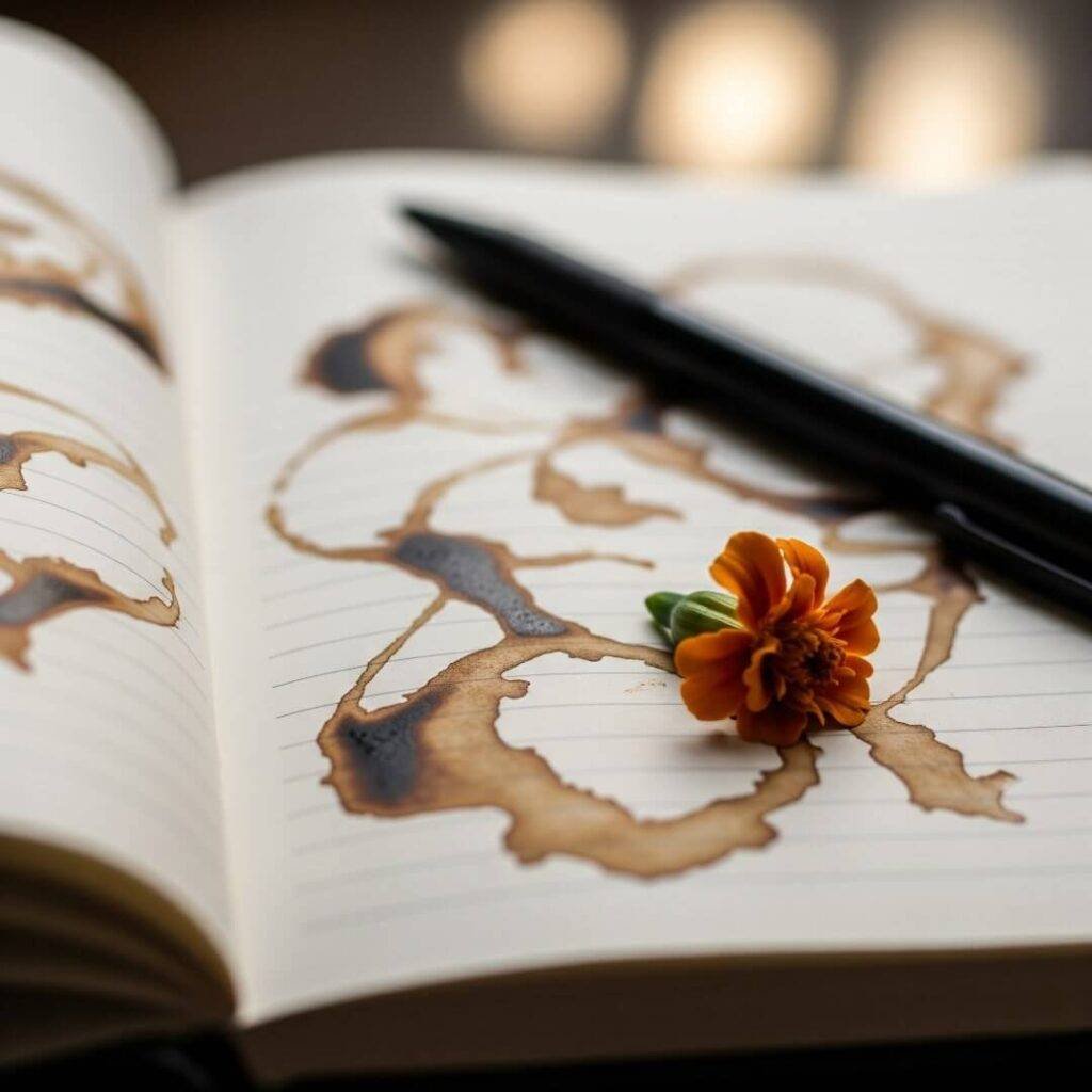 Chai-stained notebook with a pen and marigold petal.