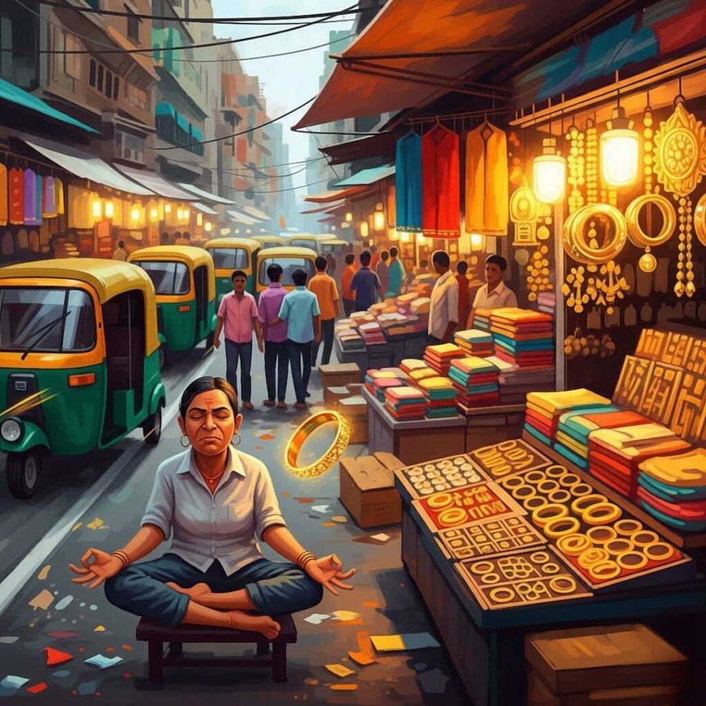 Colaba market, chaotic, mindful, shiny bangle, digital painting.