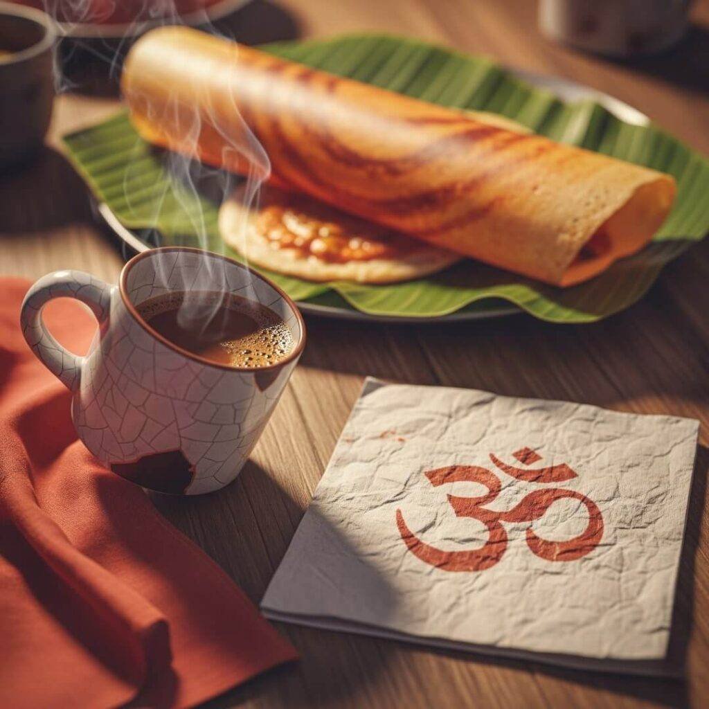 Steaming dosa, chipped mug, Om symbol napkin.