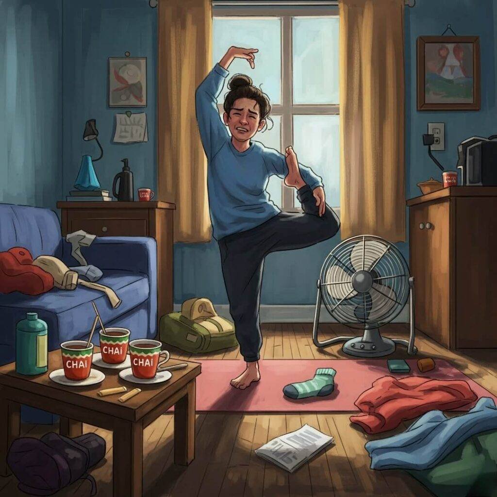 Digital painting of yoga in a messy apartment.