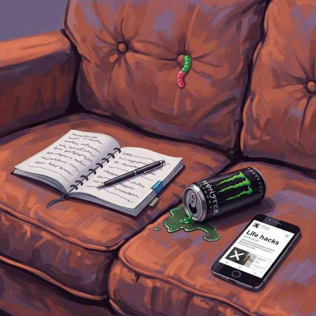 A digital painting of a couch with a notebook, spilled energy drink, and phone.