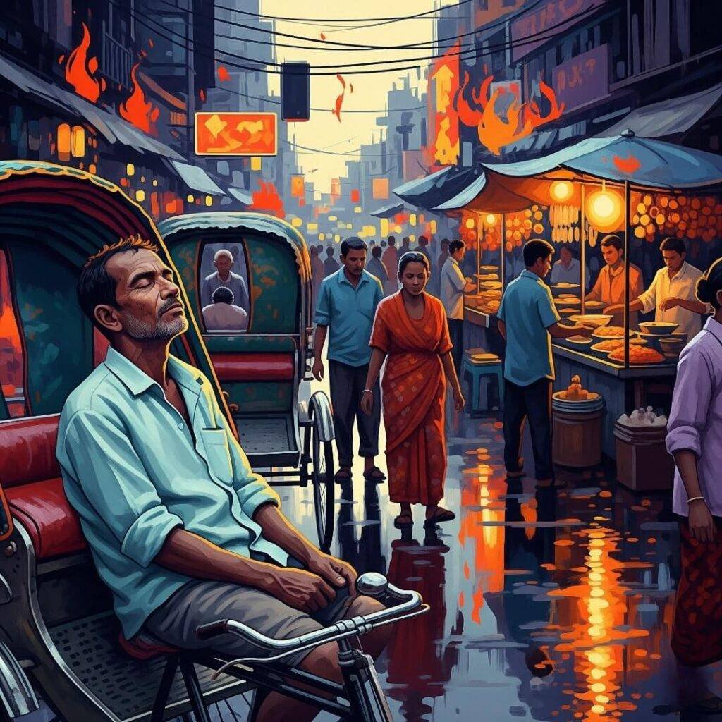 Rickshaw driver, colorful, chaotic Delhi street scene.