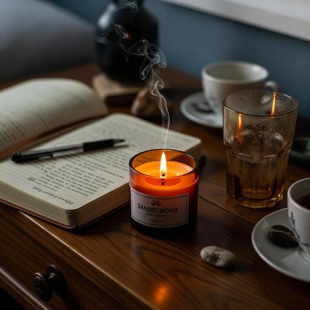 Sandalwood candle, notebook, water glass, bedside table.
