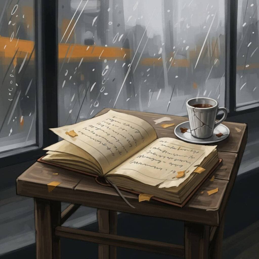 Notebook, chai, rainy window.
