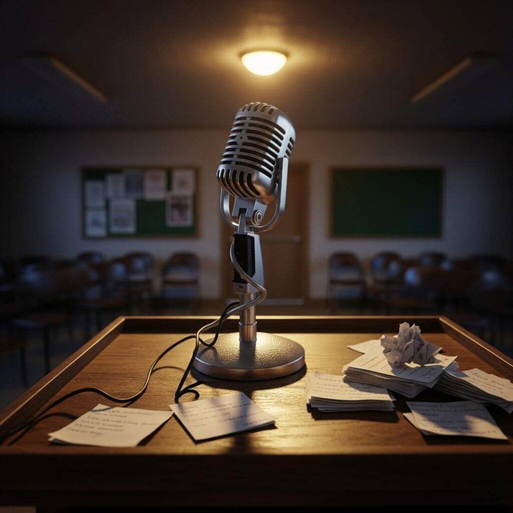 A microphone and crumpled notes on a podium in a dim community center.