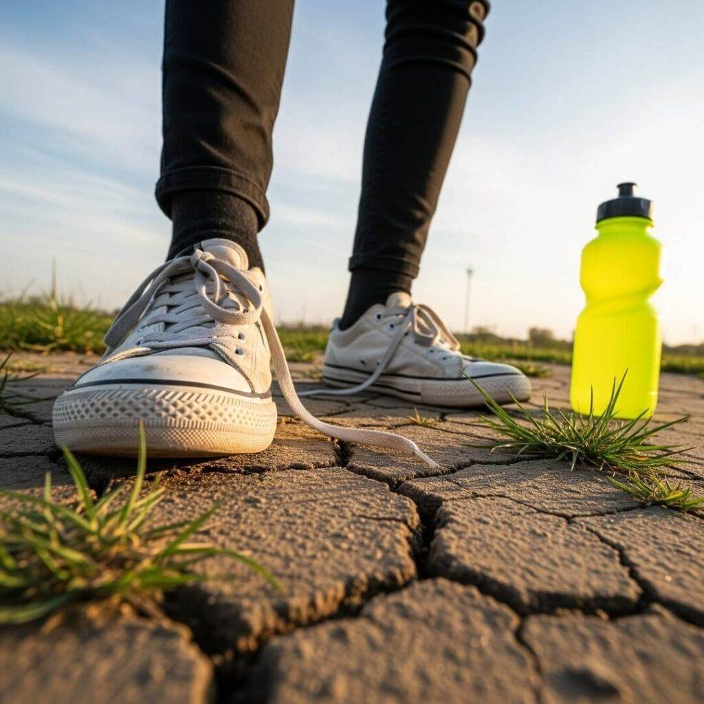 A humorous, low-angle shot of scuffed sneakers