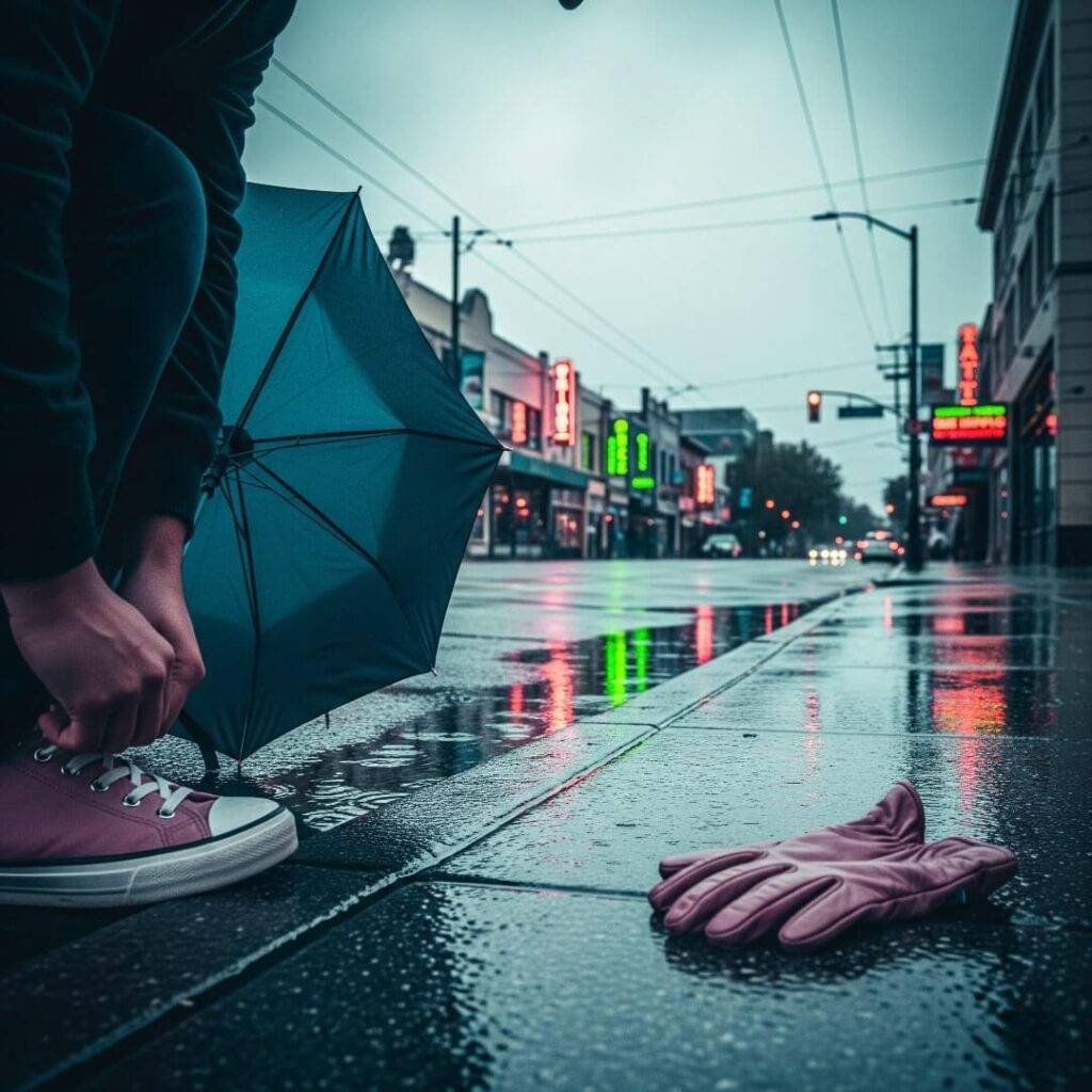 A vintage-inspired photo of a rainy Seattle street with a lost glove on the sidewalk