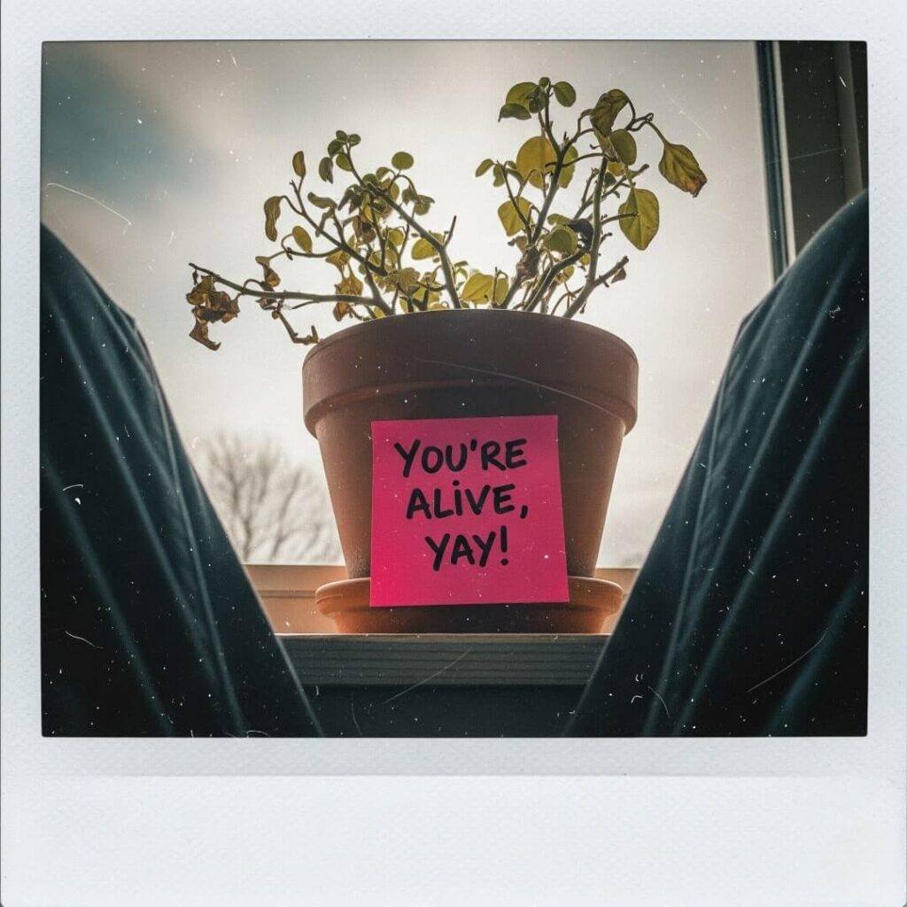 A close-up, vintage Polaroid-style image of a scraggly houseplant