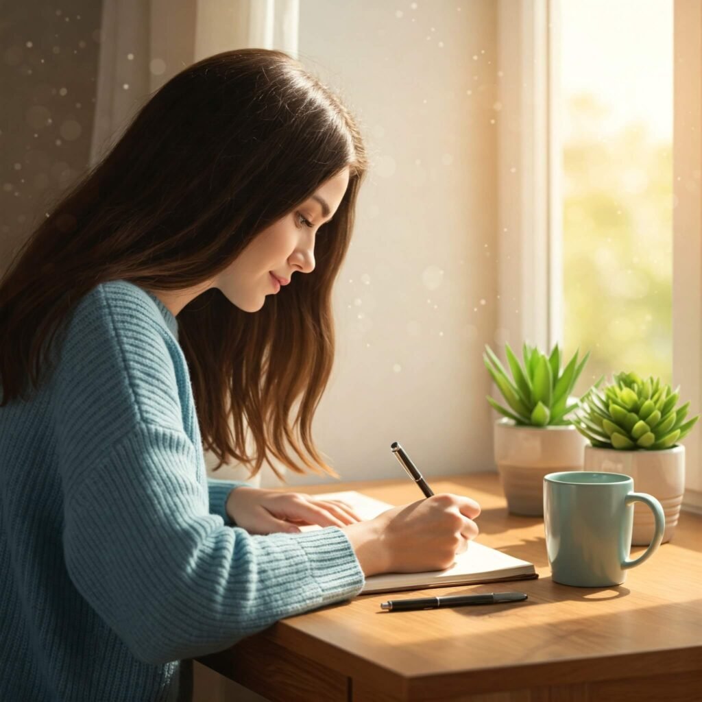 A person journaling at a desk by a window with soft morning light