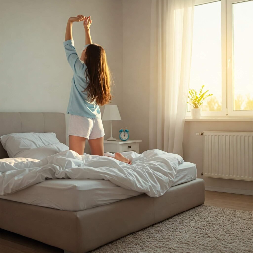 Stretching in bed at sunrise.