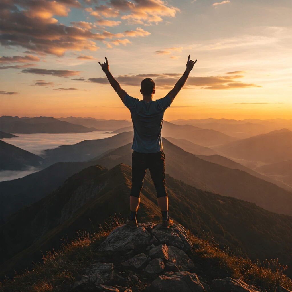 Person triumphantly on a mountain peak.