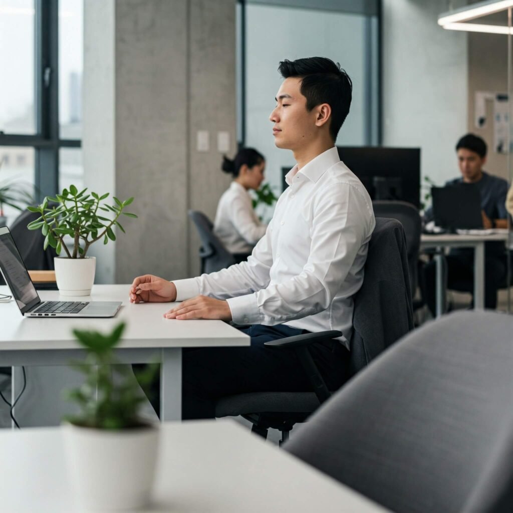 "Person meditating at desk in office.