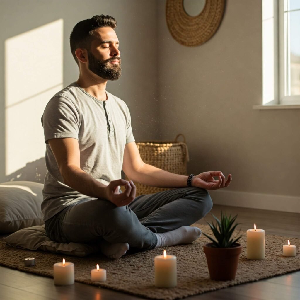 "Person meditating in sunlit room for inner peace"