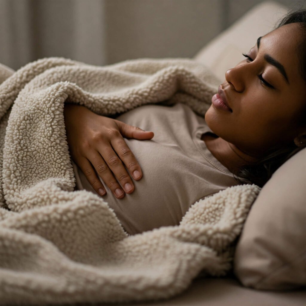 Person lying down, breathing deeply