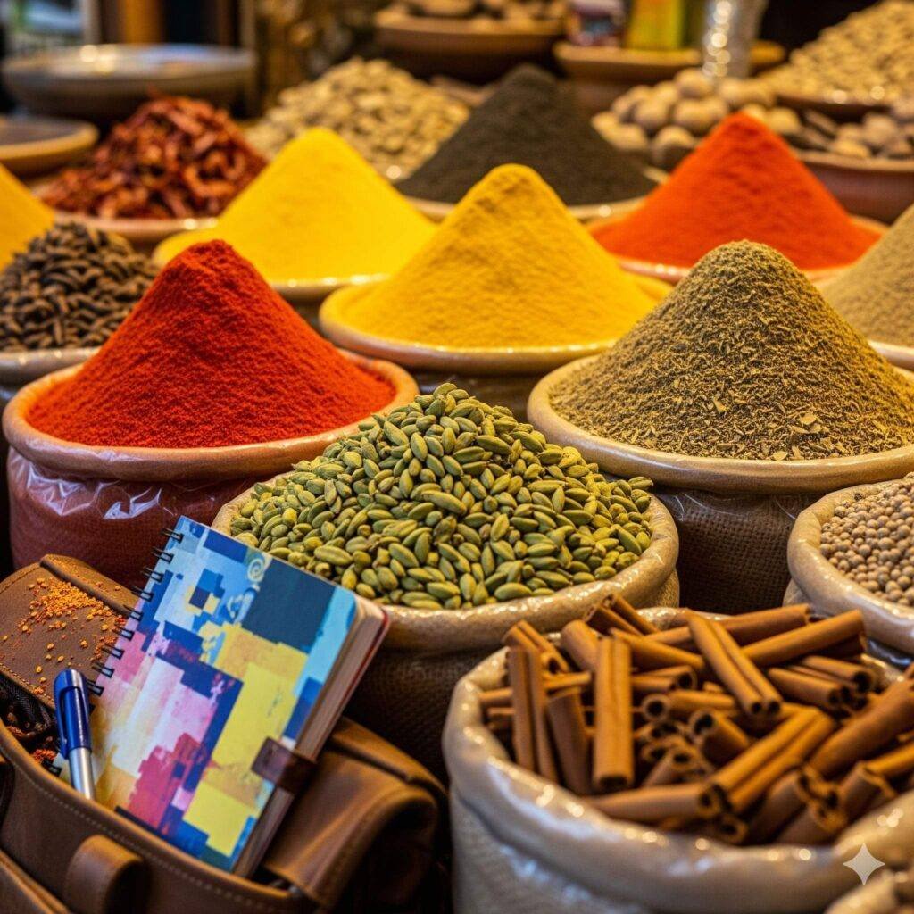 Notebook peeking from bag at vibrant spice stall.