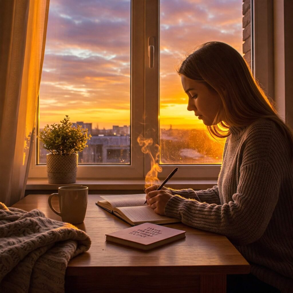 Morning gratitude journal and coffee