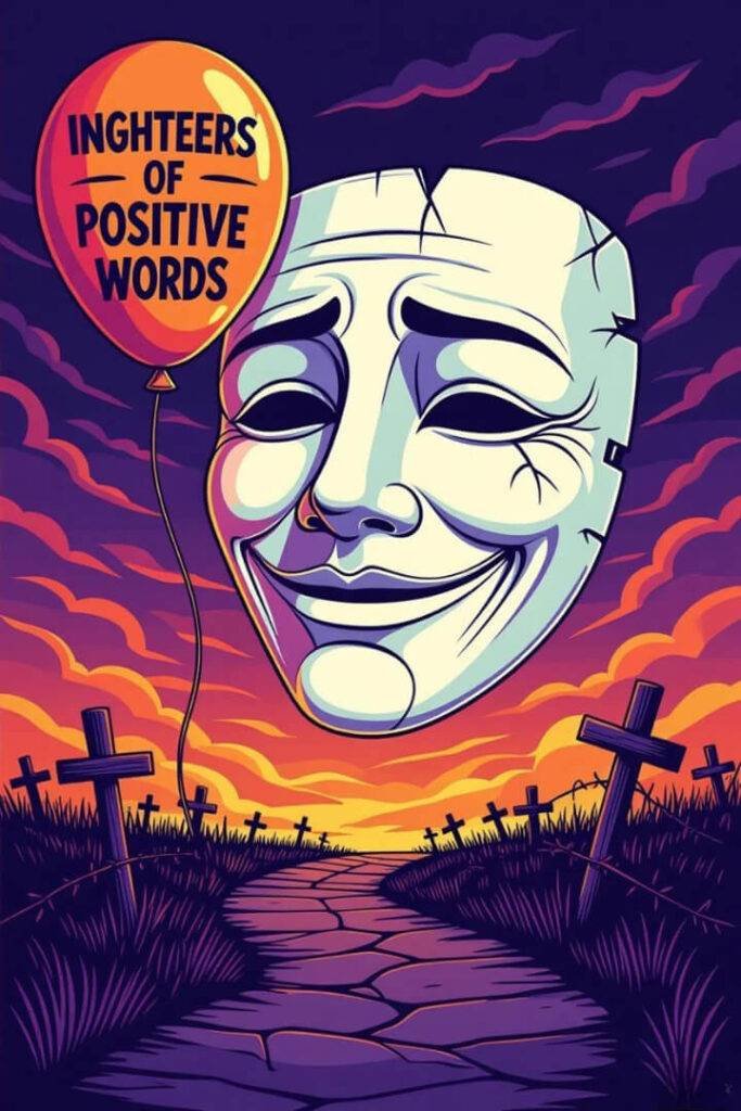 Surreal image of a cracking smiling mask with frown lines, deflating positive word balloon