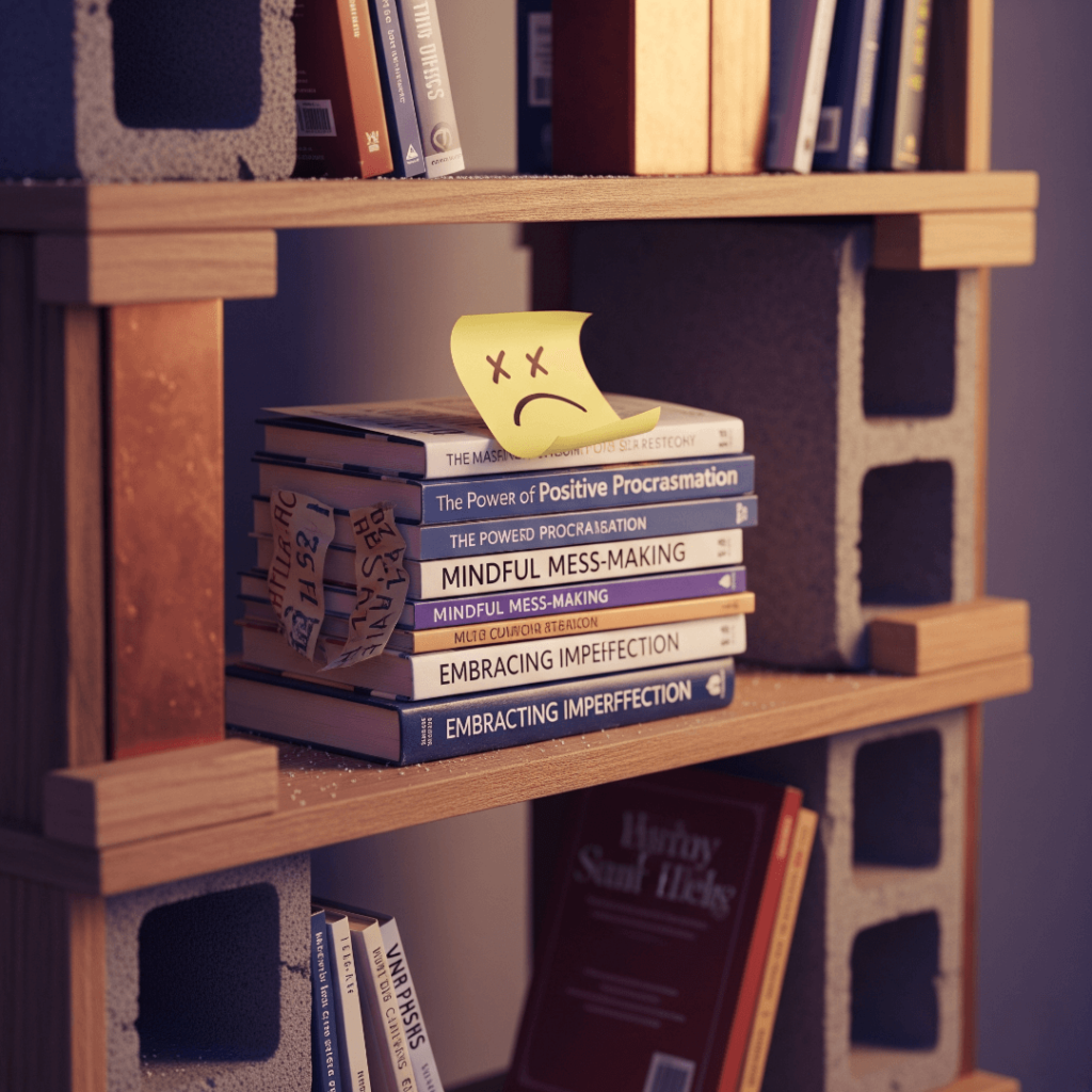 A photorealistic image of a messy bookshelf,