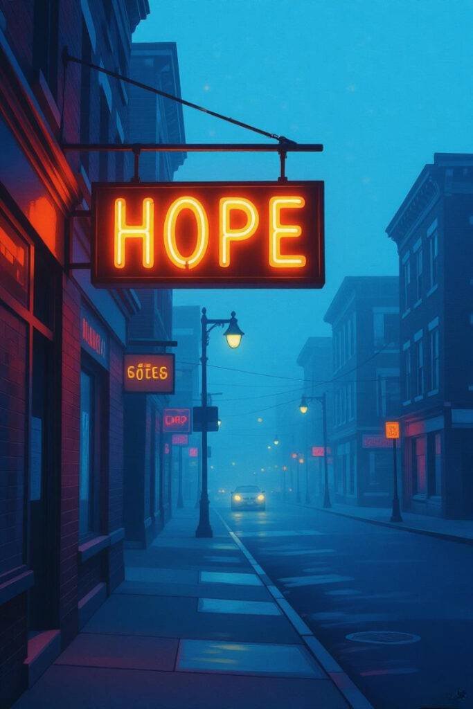 Impressionistic painting of a neon "Hope" sign glowing through foggy Philly street at dusk
