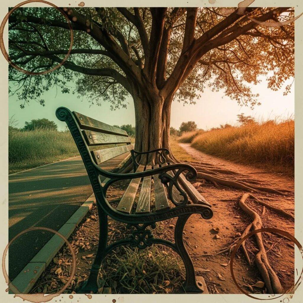 A scuffed-up park bench with two paths