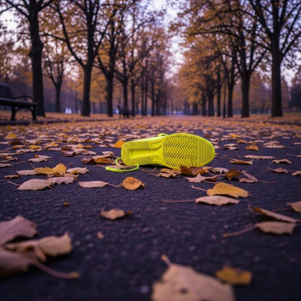 A low-angle photo of a park path with fallen leaves and one neon yellow sneaker.