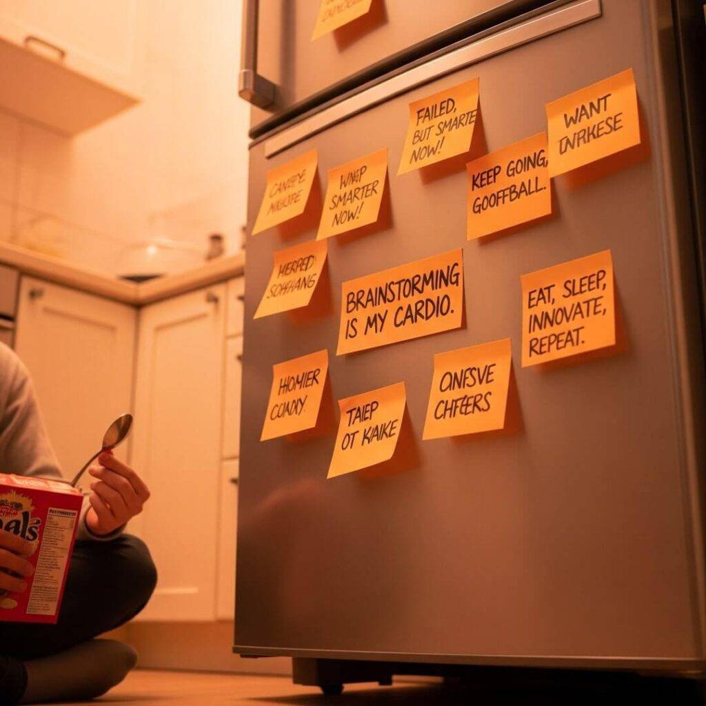 A low-angle shot of a fridge door covered in sticky notes.