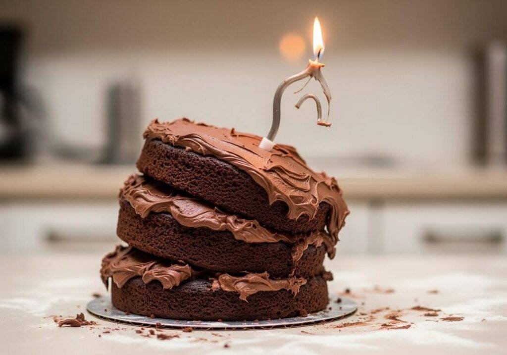 A wonky, lopsided chocolate cake with messy frosting