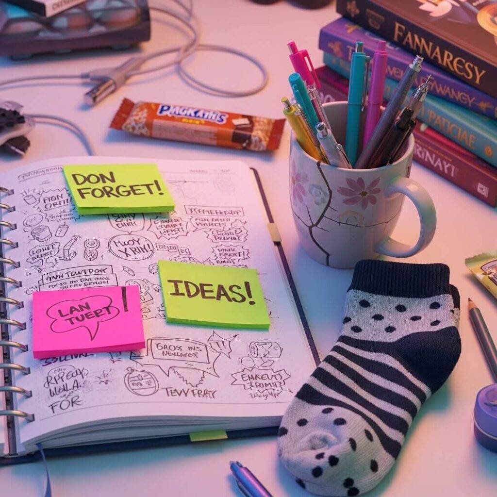 A cluttered desk with an open planner, neon sticky notes