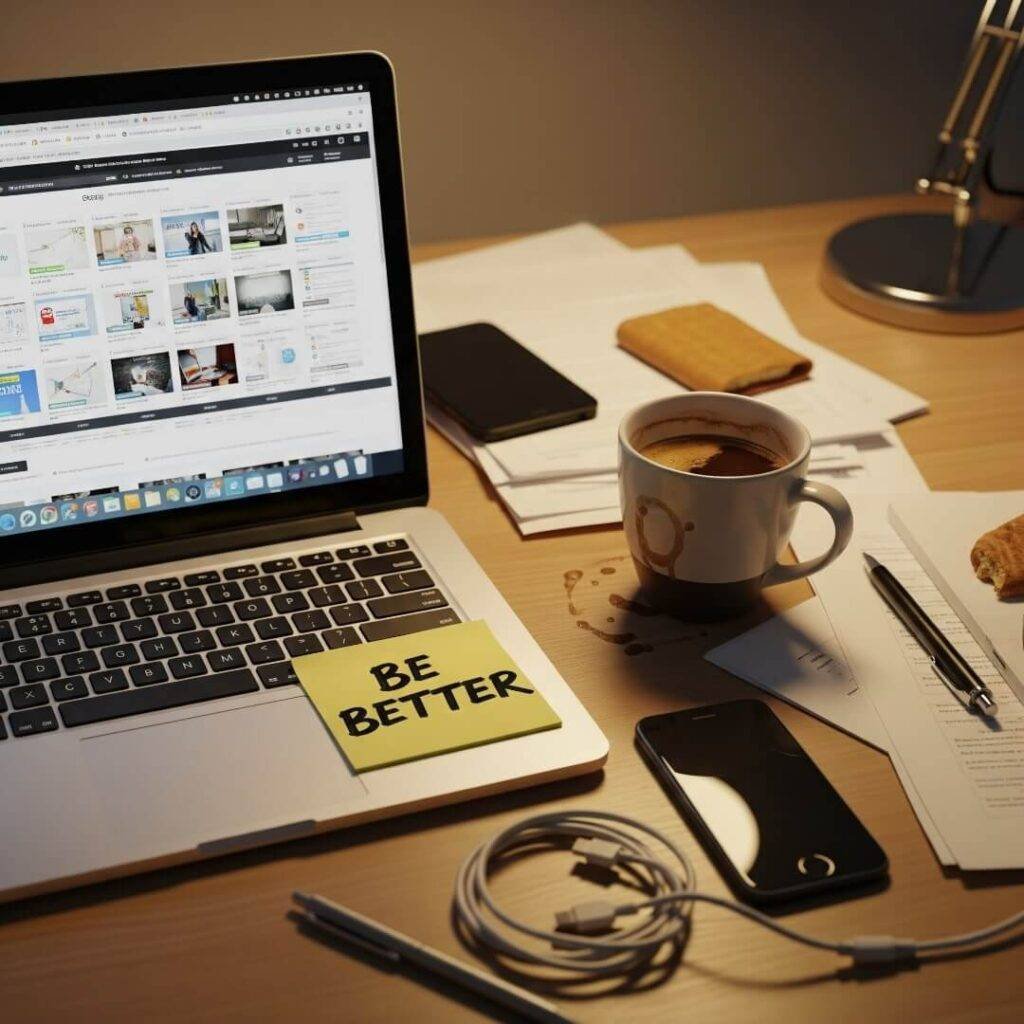A messy desk with an open laptop, a cold cup of coffee