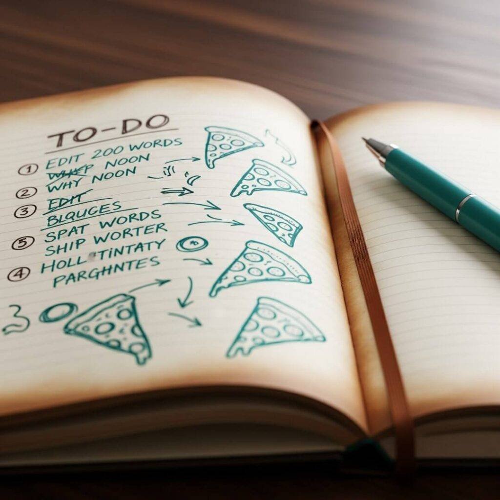 A slightly blurred image of an open notebook with a to-do list and pizza slice doodles.