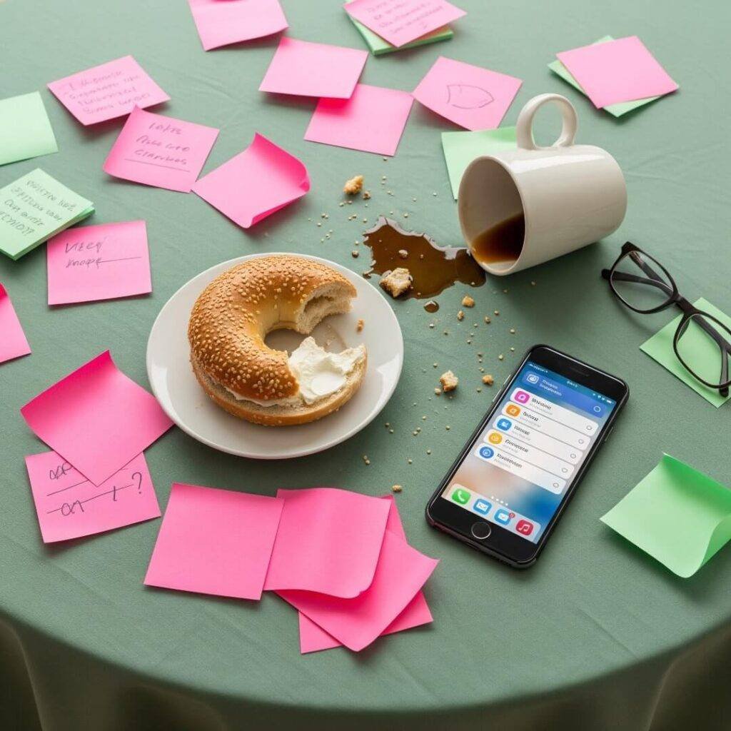 A top-down view of a chaotic kitchen table with a half-eaten bagel,