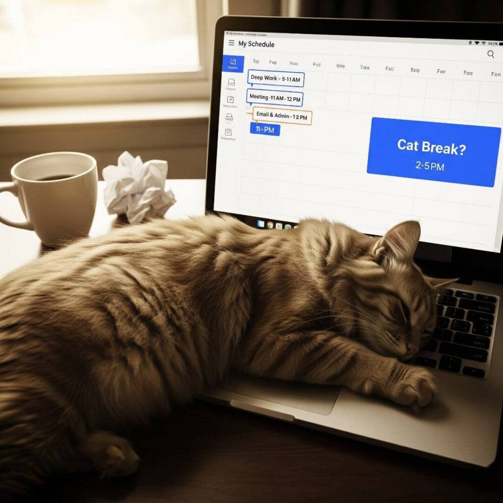 A candid shot of a laptop with a time-blocking app,