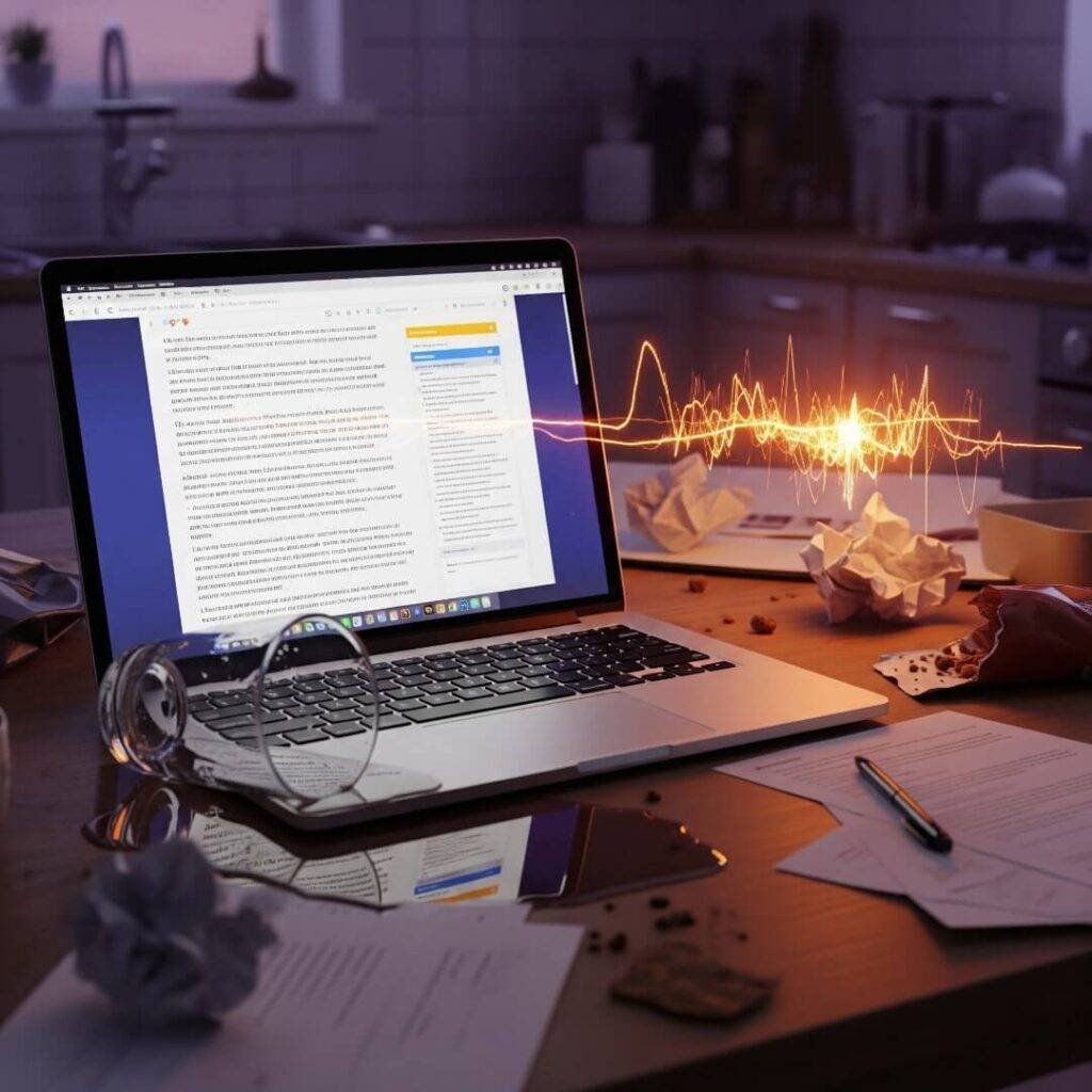 A slightly out-of-focus image of a cluttered kitchen table with a laptop displaying