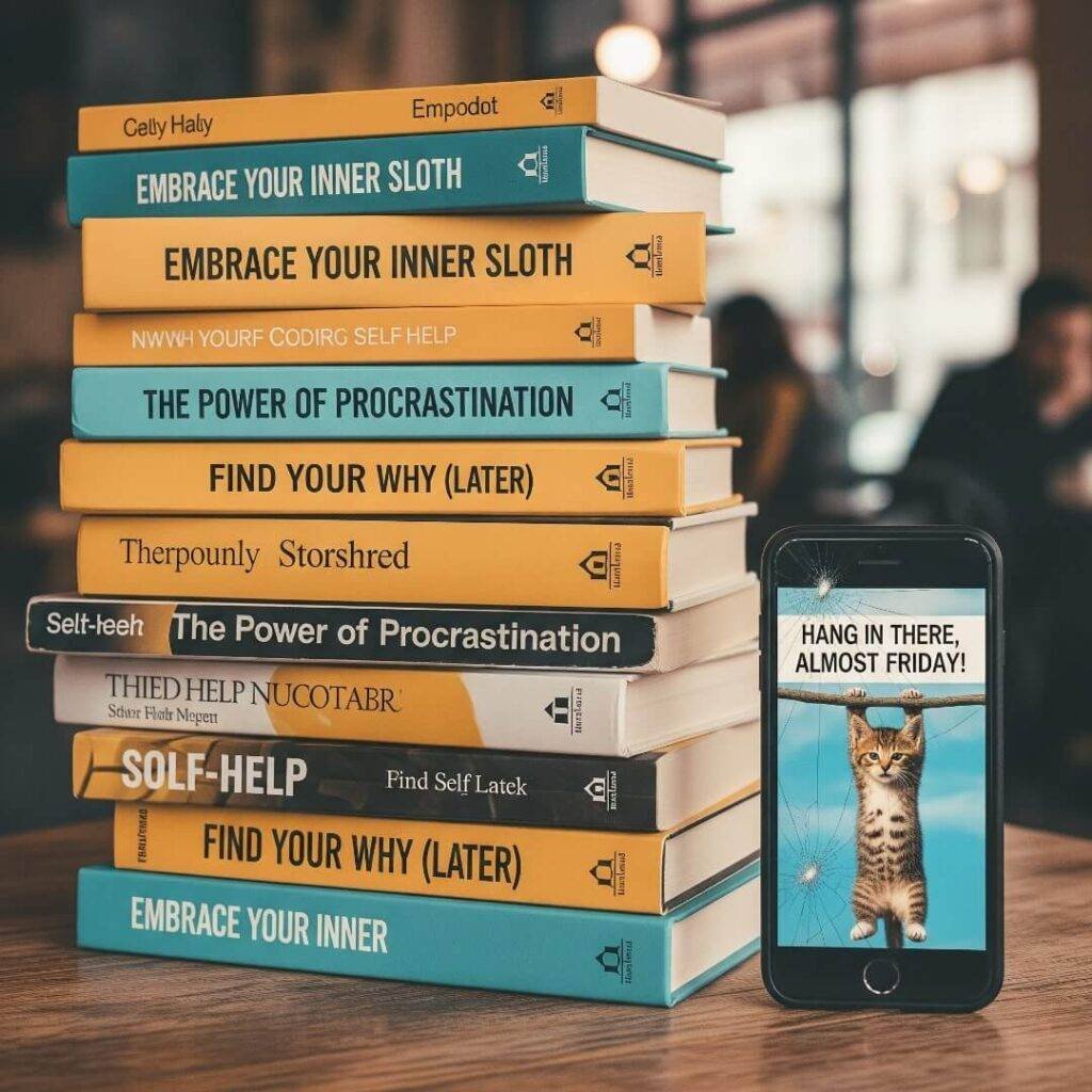 A wobbly stack of self-help books next to a cracked phone screen showing a motivational meme.