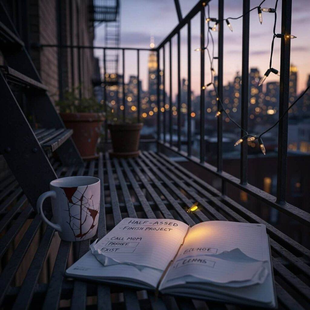 A slightly blurred photorealistic image of a cluttered fire escape at dusk