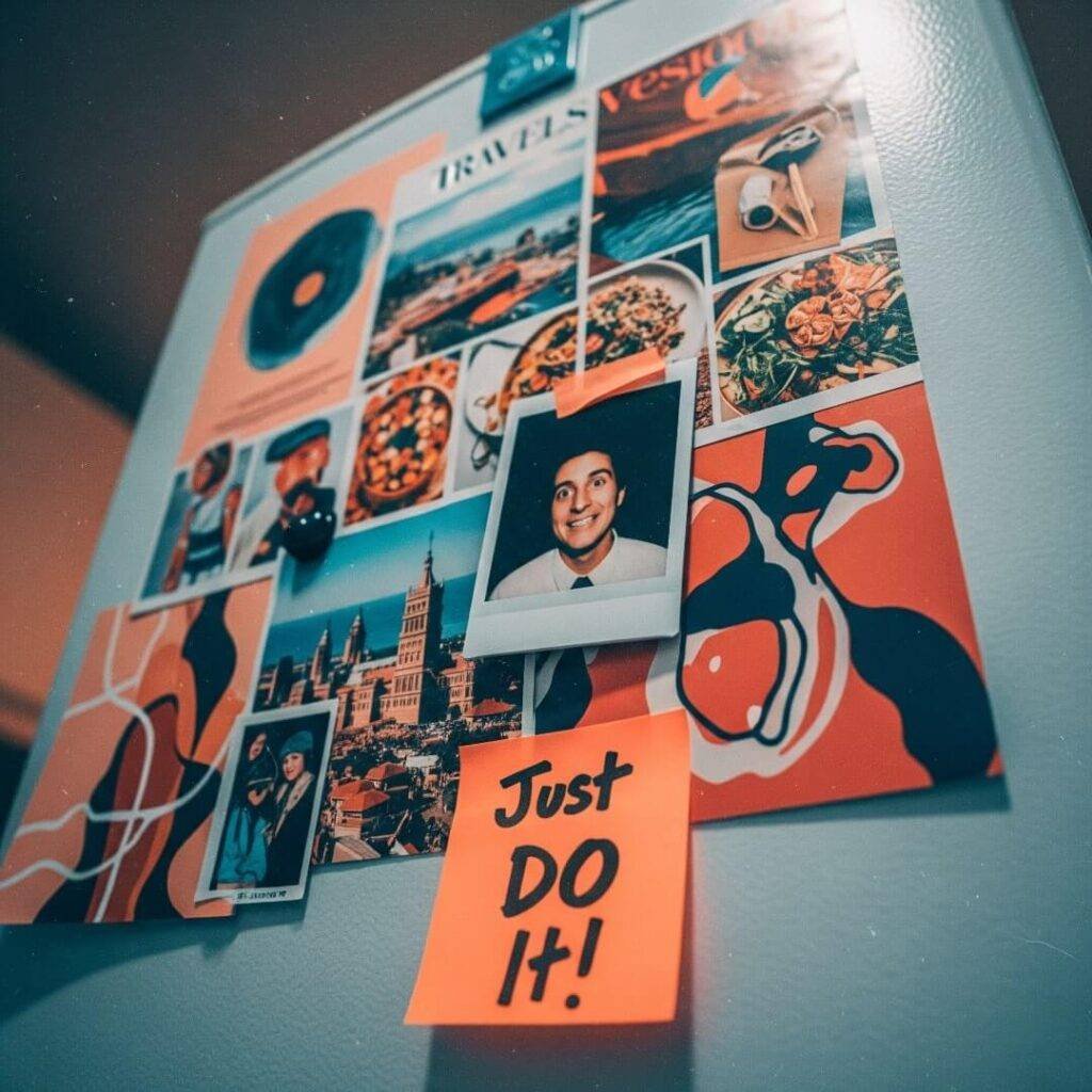 A photorealistic, grainy image of a chaotic vision board on a fridge,