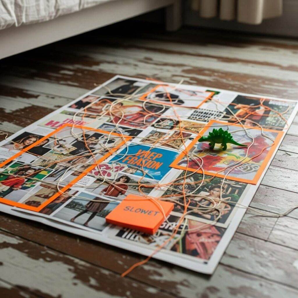 Angled view of a vision board with a plastic dinosaur.