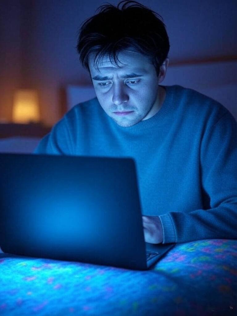 Tired face reflected, glowing laptop, impressionistic dream.