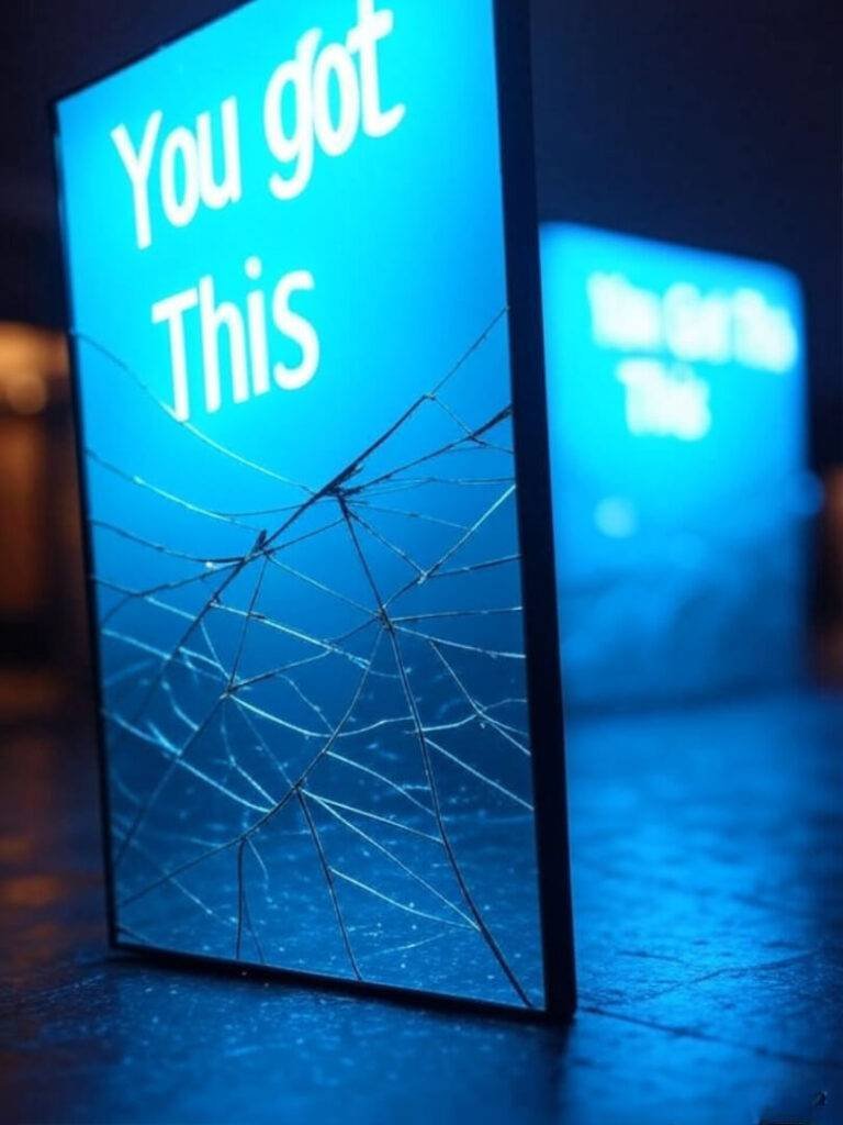 Cracked mirror reflects "You Got This" in electric blue.